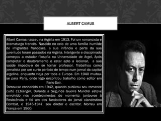 ALBERT CAMUS
Albert Camus nasceu na Argélia em 1913. Foi um romancista e
dramaturgo francês. Nascido no ceio de uma família humilde
de imigrantes franceses, a sua infância e parte da sua
juventude foram passados ​​na Argélia. Inteligente e disciplinado
começou a estudar filosofia na Universidade de Argel, Após
completar o doutoramento e estar apto a lecionar, a sua
saúde impediu-o de se tornar professor. Trabalhou como
jornalista por um curto período de tempo num jornal da capital
argelina, enquanto viaja por toda a Europa. Em 1940 mudou-
se para Paris, onde logo encontrou trabalho como editor em
Paris-Soir.
Tornou-se conhecido em 1942, quando publicou seu romance
curto L’Etranger. Durante a Segunda Guerra Mundial esteve
envolvido nos acontecimentos do momento: juntou-se à
Resistência e foi um dos fundadores do jornal clandestino
Combat, e 1945-1947, seu diretor e escritor. Morreu em
França em 1960.
 