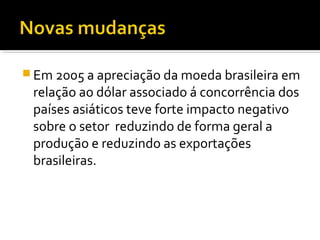  Em 2005 a apreciação da moeda brasileira em
relação ao dólar associado á concorrência dos
países asiáticos teve forte impacto negativo
sobre o setor reduzindo de forma geral a
produção e reduzindo as exportações
brasileiras.
 
