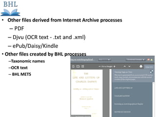 • Other files derived from Internet Archive processes
– PDF
– Djvu (OCR text - .txt and .xml)
– ePub/Daisy/Kindle
• Other files created by BHL processes
–Taxonomic names
–OCR text
– BHL METS
 