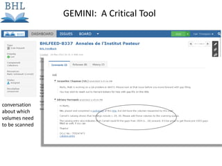 Title, volumes needed
Which library has which volumes,
additional information
conversation
about which
volumes need
to be scanned
GEMINI: A Critical Tool
 