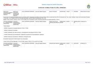 INSTITUTO
SUPERIOR TÉCNICO
EN SEGURIDAD
PÚBLICA
INSTITUTO
SUPERIOR
TÉCNICO EN
SEGURIDAD
PÚBLICA
18:30 SUPERIOR SUPERIOR Horas de Cátedra Superior INGLES TECNICO VESPERTINO 1º AÑO 1º 5 INTERINO CREACION DE PLAZA
Se convoca a los aspirantes inscriptos para el ciclo lectivo 2023. Presentarse por Edificio Central de Policía (Sito en calle Entre Ríos 579 (O) Entrecalle Gral. Paz y Avda. Córdoba). Centro de Convenciones Policiales
-Primer piso-, con 2 copias de CBU (con los datos personales, obtenido desde Homebanking), DNI y CUIL.
Martes 17:00 a 19:00 hs. Viernes 17:00 a 17:40 hs. Mas 2 hs. de consulta de Lunes a Viernes día aconvenir, en horario de16:00 a 17:00 hs.
COLEGIO SUPERIOR
N° 1 FUERZA AEREA
ARGENTINA
COLEGIO
SUPERIOR N° 1
FUERZA AEREA
ARGENTINA
18:45 SUPERIOR SUPERIOR Horas de Cátedra Superior DIDACTICA DE LAS
CIENCIAS NATURALES
II
TARDE/VESP
ERTINO
3º AÑO 1º 12 REEMPLAZAN
TE
LICENCIA 6º H
Trámite Rápido:
- 29/08/23: Recepción de carpetas desde las 15:50 a 17:30hs.
- 30/08/23: Valoración de carpetas.
- 31/08/23: Notificación del orden provisorio y reconsideración del puntaje de 20:00 a 21:00hs
- 01/09/23: Resolución de reconsideración, notificación de resolución de reconsideración y apelación.
- 04/09/23: Resolución de apelación, notificación y entrega de horas.
Se recibirán títulos tanto de Nivel Superior como Secundario.
Lunes: 20:55 a 22:15hs; Miércoles: 17:10 a 21:35hs; Jueves: 15:50 a 17:10 y de 20:15 a 21:35hs.
COLEGIO SUPERIOR
N° 1 FUERZA AEREA
ARGENTINA
COLEGIO
SUPERIOR N° 1
FUERZA AEREA
ARGENTINA
19:00 SUPERIOR SUPERIOR Horas de Cátedra Superior CIENCIAS NATURALES TARDE/VESP
ERTINO
2º AÑO 1º 8 SUPLENTE LICENCIA 6º H
lunes, 28 de agosto de 2023 Pág. 15 de 18
Sistema Integral de Gestión Educativa
CONVOCATORIA PARA EL DÍA: 29/08/2023
 