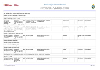 Esc Valle de Tulum , Hipolito Yrigoyen 5260 este Santa Lucia
Horario . de Lunes a Viernes de 13.30 hs a 17,30hs
Lunes a Viernes de 13,30hs a 17,30hs
NOCTURNA
REPUBLICA
ORIENTAL DEL
URUGUAY
UGDA S-O
(ANGACO,ALB.,CH
I.,RIV.,ULLUM,ZON
DA)
08:30 PRIMARIO EDUCACION
PERMANENTE DE
JOVENES Y ADULTOS
Maestro de Grado - Educación
Primaria Adultos
VESPERTINO SUPLENTE LICENCIA 6º C
Lunes a Viernes en el Horario de 18:00 a 20:15 hs
UEPA Móvil "Maestro
Augusto Alejandro
Orellano Walsen" (ex
UEPA Móvil Nº 17)
UGDA S-O
(ANGACO,ALB.,CH
I.,RIV.,ULLUM,ZON
DA)
08:30 PRIMARIO EDUCACION
PERMANENTE DE
JOVENES Y ADULTOS
Maestro de Grado - Educación
Primaria Adultos
VESPERTINO SUPLENTE BAJA
Renuncia de la suplente.
De lunes a viernes- Horario: 18:30 a 20:45 hs
ESCUELA DE NIVEL
INICIAL "LA ÑUSTA"
(Ex ENI 38)
UGDA S-O
(ANGACO,ALB.,CH
I.,RIV.,ULLUM,ZON
DA)
08:30 INICIAL COMUN Maestro de Educación Inicial -
Jornada Simple
MAÑANA REEMPLAZAN
TE
LICENCIA 6º E
continua licencia por maternidad
de lunes a viernes de 8.00 a 12.00hs
líneas de colectivos 440, 441 y 442
de lunes a viernes de 8.00 a 12.00hs
ESCUELA DE NIVEL
INICIAL (E.N.I.) Nº 44
UGDA S-O
(ANGACO,ALB.,CH
I.,RIV.,ULLUM,ZON
DA)
08:30 INICIAL COMUN Maestro de Educación Inicial -
Jornada Simple
TARDE SUPLENTE LICENCIA 6º G
CALLE SALTA 1750 N CHIMBAS, LINEAS DE COLECTIVOS: 404, 405, 40. TELF DIRECTORA: 2044804055
de 13,30 a 17,30hs
ESCUELA DE NIVEL
INICIAL (E.N.I.) Nº 64
UGDA P (STA.
LUCIA,SAN
MARTIN,9 DE
JULIO)
08:30 INICIAL COMUN Maestro de Educación Inicial -
Jornada Simple
MAÑANA SUPLENTE LICENCIA 6º E
lunes, 28 de agosto de 2023 Pág. 4 de 18
Sistema Integral de Gestión Educativa
CONVOCATORIA PARA EL DÍA: 29/08/2023
 