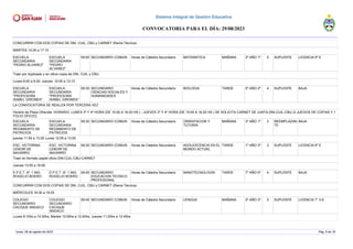 CONCURRIR CON DOS COPIAS DE DNI, CUIL, CBU y CARNET (Rama Técnica)
MARTES 14:20 a 17:10
ESCUELA
SECUNDARIA
"PEDRO ALVAREZ"
ESCUELA
SECUNDARIA
"PEDRO
ALVAREZ"
09:00 SECUNDARIO COMUN Horas de Cátedra Secundario MATEMATICA MAÑANA 3º AÑO 1º 5 SUPLENTE LICENCIA 6º E
Traer por duplicado y en oficio copia de DNI, CUIL y CBU
Lunes 8:00 a 9:20, Jueves: 10:05 a 12:10
ESCUELA
SECUNDARIA
"PROFESORA
ISABEL GIRONÉS"
ESCUELA
SECUNDARIA
"PROFESORA
ISABEL GIRONÉS"
09:30 SECUNDARIO
CIENCIAS SOCIALES Y
HUMANIDADES
Horas de Cátedra Secundario BIOLOGIA TARDE 5º AÑO 2º 4 SUPLENTE BAJA
LA CONVOCATORIA SE REALIZA POR TERCERA VEZ
Horario de Plaza Ofrecida: HORARIO: LUNES 3º Y 4º HORA (DE 15:00 A 16:20 HS.) - JUEVES 3º Y 4º HORA (DE 15:00 A 16:20 HS.) SE SOLICITA CARNET DE JUNTA-DNI-CUIL-CBU (2 JUEGOS DE COPIAS Y 1
FOLIO OFICIO)
ESCUELA
SECUNDARIA
REGIMIENTO DE
PATRICIOS
ESCUELA
SECUNDARIA
REGIMIENTO DE
PATRICIOS
09:30 SECUNDARIO COMUN Horas de Cátedra Secundario ORIENTACION Y
TUTORIA
MAÑANA 3º AÑO 1º 3 REEMPLAZAN
TE
BAJA
jueves 11:50 a 13.05 Lunes 12:05 a 13:05
ESC. VICTORINA
LENOIR DE
NAVARRO
ESC. VICTORINA
LENOIR DE
NAVARRO
09:30 SECUNDARIO COMUN Horas de Cátedra Secundario ADOLESCENCIA EN EL
MUNDO ACTUAL
TARDE 1º AÑO 3º 3 SUPLENTE LICENCIA 6º E
Traer en formato paplel oficio DNI-CUIL-CBU-CARNET
Jueves 13:55 a 16:00
E.P.E.T. N° 1 ING.
ROGELIO BOERO
E.P.E.T. N° 1 ING.
ROGELIO BOERO
09:45 SECUNDARIO
EDUCACION TECNICO
PROFESIONAL
Horas de Cátedra Secundario NANOTECNOLOGÍA TARDE 7º AÑO 5º 4 SUPLENTE BAJA
CONCURRIR CON DOS COPIAS DE DNI, CUIL, CBU y CARNET (Rama Técnica)
MIÉRCOLES 16:30 a 19:25
COLEGIO
SECUNDARIO
CACIQUE ANGACO
COLEGIO
SECUNDARIO
CACIQUE
ANGACO
09:45 SECUNDARIO COMUN Horas de Cátedra Secundario LENGUA MAÑANA 3º AÑO 3º 5 SUPLENTE LICENCIA 7° II-E
Lunes 9:10hs a 10:30hs, Martes 12:00hs a 12:40hs, Jueves 11:20hs a 12:40hs
lunes, 28 de agosto de 2023 Pág. 6 de 18
Sistema Integral de Gestión Educativa
CONVOCATORIA PARA EL DÍA: 29/08/2023
 