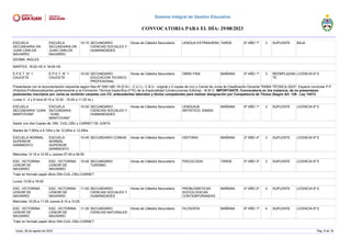 ESCUELA
SECUNDARIA DR.
JUAN CARLOS
NAVARRO
ESCUELA
SECUNDARIA DR.
JUAN CARLOS
NAVARRO
10:15 SECUNDARIO
CIENCIAS SOCIALES Y
HUMANIDADES
Horas de Cátedra Secundario LENGUA EXTRANJERA TARDE 6º AÑO 1º 3 SUPLENTE BAJA
IDIOMA: INGLES
MARTES: 16:00 HS A 18:00 HS
E.P.E.T. N° 1
CAUCETE
E.P.E.T. N° 1
CAUCETE
10:30 SECUNDARIO
EDUCACION TECNICO
PROFESIONAL
Horas de Cátedra Secundario OBRA FINA MAÑANA 5º AÑO 1º 3 REEMPLAZAN
TE
LICENCIA 6º E
Presentarse con la documentación requerida según Res.Nº 0581-ME-18 (D.N.I - C.U.I.L- C.B.U - original y 2 copias de c/u) y Carnet de Junta de Clasificación Docente "RAMA TÉCNICA 2023". Espacio curricular P.P
(Práctica Profesionalizante) perteneciente a la Formación Técnica Específica (FTE) de la Especialidad Construcciones Edilicias - M.M.O. IMPORTANTE: Convocatoria en 3ra instancia, de no presentarse
postulantes inscriptos por Junta se recibirán carpetas con CV, antecedentes laborales y títulos competentes para realizar designación por Competencia de Títulos (Según Art. 129 - Ley 14473.
Lunes 3 - 4 y 5 hora (9:15 a 10:35 - 10:45 a 11:25 hs.)
ESCUELA
SECUNDARIA "JUAN
MANTOVANI"
ESCUELA
SECUNDARIA
"JUAN
MANTOVANI"
10:30 SECUNDARIO
CIENCIAS SOCIALES Y
HUMANIDADES
Horas de Cátedra Secundario LENGUAJE
ARTISTICO: DANZA
MAÑANA 6º AÑO 1º 3 SUPLENTE LICENCIA 6º E
Asistir con dos Copias de: DNI, CUIL,CBU y CARNET DE JUNTA
Martes de 7,50hs a 9,10hs y de 12,05hs a 12,45hs
ESCUELA NORMAL
SUPERIOR
SARMIENTO
ESCUELA
NORMAL
SUPERIOR
SARMIENTO
10:45 SECUNDARIO COMUN Horas de Cátedra Secundario HISTORIA MAÑANA 2º AÑO 4º 3 SUPLENTE LICENCIA 6º E
Miercoles 12:15 a 12:55 y Jueves 07:45 a 09:05
ESC. VICTORINA
LENOIR DE
NAVARRO
ESC. VICTORINA
LENOIR DE
NAVARRO
10:45 SECUNDARIO
TURISMO
Horas de Cátedra Secundario PSICOLOGIA TARDE 5º AÑO 3º 3 SUPLENTE LICENCIA 6º E
Traer en formato papel oficio DNI-CUIL-CBU-CARNET
Lunes 13:55 a 16:00
ESC. VICTORINA
LENOIR DE
NAVARRO
ESC. VICTORINA
LENOIR DE
NAVARRO
11:00 SECUNDARIO
CIENCIAS SOCIALES Y
HUMANIDADES
Horas de Cátedra Secundario PROBLEMATICAS
SOCIOLOGICAS
CONTEMPORANEAS
MAÑANA 4º AÑO 2º 4 SUPLENTE LICENCIA 6º E
Miercoles 10:25 a 11:05 Jueves 8:15 a 10:25
ESC. VICTORINA
LENOIR DE
NAVARRO
ESC. VICTORINA
LENOIR DE
NAVARRO
11:30 SECUNDARIO
CIENCIAS NATURALES
Horas de Cátedra Secundario FILOSOFÍA MAÑANA 6º AÑO 1º 4 SUPLENTE LICENCIA 6º E
Traer en formato papel oficio DNI-CUIL-CBU-CARNET
lunes, 28 de agosto de 2023 Pág. 8 de 18
Sistema Integral de Gestión Educativa
CONVOCATORIA PARA EL DÍA: 29/08/2023
 