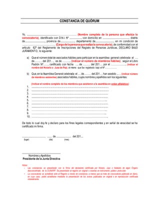 Constancia de convocatoria y quorum