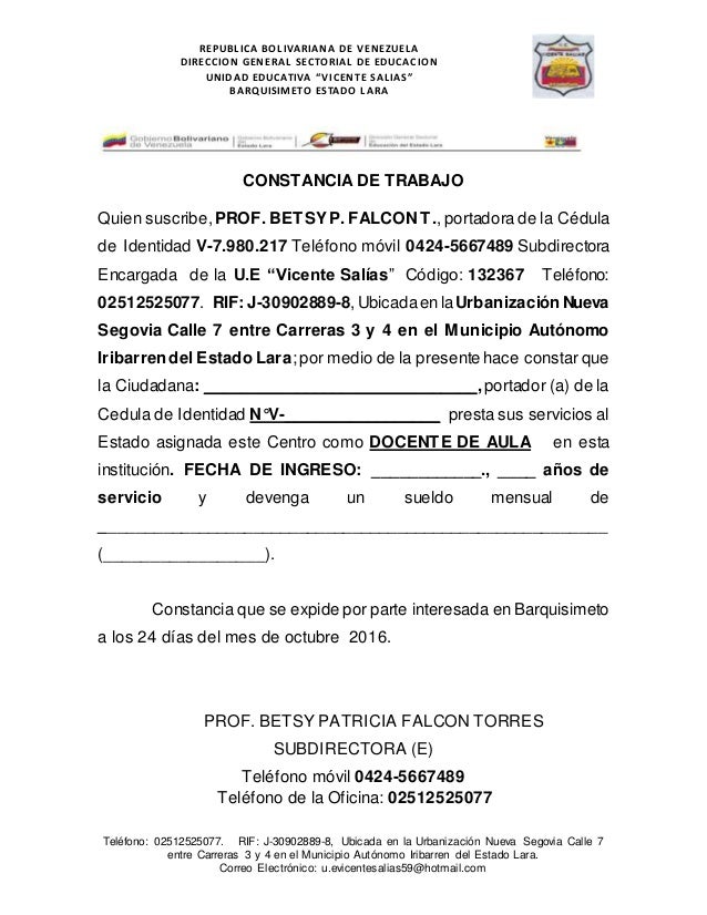 Constancia de trabajo u e e vicente salias