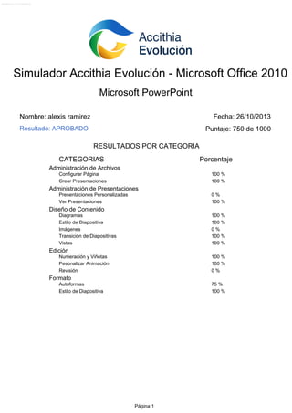 Versión 2.0.1 (13-09-2013)

Simulador Accithia Evolución - Microsoft Office 2010
Microsoft PowerPoint
Nombre: alexis ramirez

Fecha: 26/10/2013

Resultado: APROBADO

Puntaje: 750 de 1000
RESULTADOS POR CATEGORIA

CATEGORIAS

Porcentaje

Administración de Archivos
Configurar Página
Crear Presentaciones

100 %
100 %

Administración de Presentaciones
Presentaciones Personalizadas
Ver Presentaciones

0%
100 %

Diseño de Contenido
Diagramas
Estilo de Diapositiva
Imágenes
Transición de Diapositivas
Vistas

100 %
100 %
0%
100 %
100 %

Edición
Numeración y Viñetas
Pesonalizar Animación
Revisión

100 %
100 %
0%

Formato
Autoformas
Estilo de Diapositiva

75 %
100 %

Página 1

 