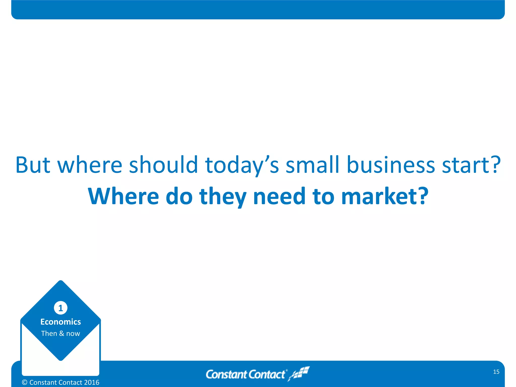 Economics
Then & now
1
© Constant Contact 2016
15
But where should today’s small business start?
Where do they need to market?
 