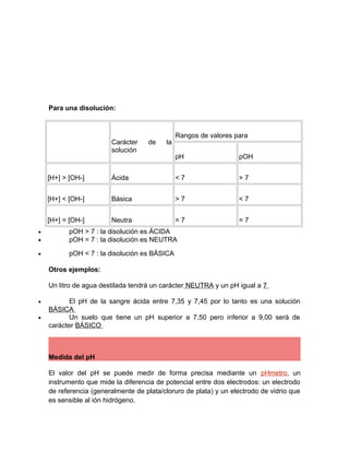 Para una disolución:
Carácter de la
solución
Rangos de valores para
pH pOH
[H+] > [OH-] Ácida < 7 > 7
[H+] < [OH-] Básica > 7 < 7
[H+] = [OH-] Neutra = 7 = 7
• pOH > 7 : la disolución es ÁCIDA
• pOH = 7 : la disolución es NEUTRA
• pOH < 7 : la disolución es BÁSICA
Otros ejemplos:
Un litro de agua destilada tendrá un carácter NEUTRA y un pH igual a 7
• El pH de la sangre ácida entre 7,35 y 7,45 por lo tanto es una solución
BÁSICA
• Un suelo que tiene un pH superior a 7,50 pero inferior a 9,00 será de
carácter BÁSICO
Medida del pH
El valor del pH se puede medir de forma precisa mediante un pHmetro, un
instrumento que mide la diferencia de potencial entre dos electrodos: un electrodo
de referencia (generalmente de plata/cloruro de plata) y un electrodo de vidrio que
es sensible al ión hidrógeno.
 