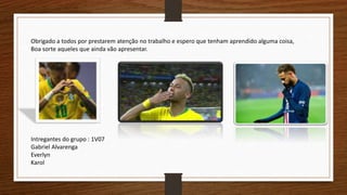 Obrigado a todos por prestarem atenção no trabalho e espero que tenham aprendido alguma coisa,
Boa sorte aqueles que ainda vão apresentar.
Intregantes do grupo : 1V07
Gabriel Alvarenga
Everlyn
Karol
 