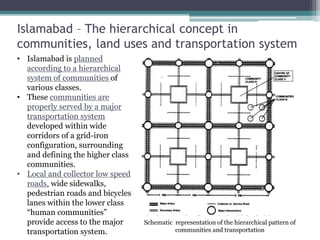 Islamabad – The hierarchical concept in
communities, land uses and transportation system
• Islamabad is planned
according to a hierarchical
system of communities of
various classes.
• These communities are
properly served by a major
transportation system
developed within wide
corridors of a grid-iron
configuration, surrounding
and defining the higher class
communities.
• Local and collector low speed
roads, wide sidewalks,
pedestrian roads and bicycles
lanes within the lower class
“human communities”
provide access to the major
transportation system.
Schematic representation of the hierarchical pattern of
communities and transportation
 