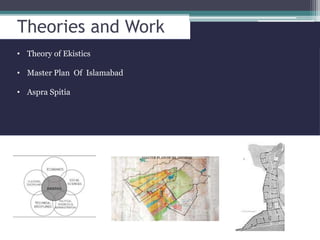 Theories and Work
• Theory of Ekistics
• Master Plan Of Islamabad
• Aspra Spitia
 