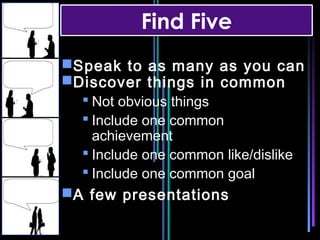 Find Five
         Speak to as many as you can
         Discover things in common
            Not obvious things
            Include one common
             achievement
            Include one common like/dislike
            Include one common goal
         A few presentations
mnRAJU
 