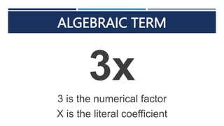 ALGEBRAIC TERM
3x
3 is the numerical factor
X is the literal coefficient
 