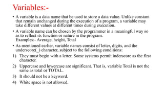 Constant, variables, data types | PPTX | Programming Languages | Computing