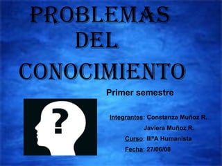 Problemas Del Conocimiento Primer semestre Integrantes : Constanza Muñoz R. Javiera Muñoz R. Curso : IIIºA Humanista Fecha : 27/06/08 