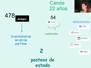 Cande   22 años Aplicaciones 478 54 1 publicación… 2  posteos de estado 5 comentarios en otros perfiles 