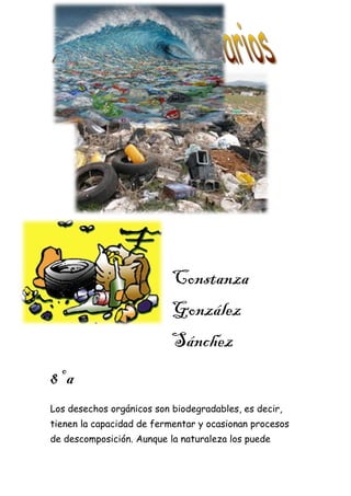 Constanza
González
Sánchez
8º a
Los desechos orgánicos son biodegradables, es decir,
tienen la capacidad de fermentar y ocasionan procesos
de descomposición. Aunque la naturaleza los puede
 