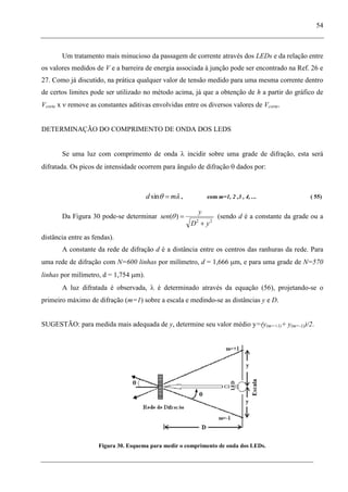 54
Um tratamento mais minucioso da passagem de corrente através dos LEDs e da relação entre
os valores medidos de V e a barreira de energia associada à junção pode ser encontrado na Ref. 26 e
27. Como já discutido, na prática qualquer valor de tensão medido para uma mesma corrente dentro
de certos limites pode ser utilizado no método acima, já que a obtenção de h a partir do gráfico de
Vcorte x remove as constantes aditivas envolvidas entre os diversos valores de Vcorte.
DETERMINAÇÃO DO COMPRIMENTO DE ONDA DOS LEDS
Se uma luz com comprimento de onda incidir sobre uma grade de difração, esta será
difratada. Os picos de intensidade ocorrem para ângulo de difração dados por:
mdsin , com m=1, 2 ,3 , 4, ... ( 55)
Da Figura 30 pode-se determinar
22
)(
yD
y
sen (sendo d é a constante da grade ou a
distância entre as fendas).
A constante da rede de difração d é a distância entre os centros das ranhuras da rede. Para
uma rede de difração com N=600 linhas por milímetro, d = 1,666 m, e para uma grade de N=570
linhas por milímetro, d = 1,754 m).
A luz difratada é observada, é determinado através da equação (56), projetando-se o
primeiro máximo de difração (m=1) sobre a escala e medindo-se as distâncias y e D.
SUGESTÃO: para medida mais adequada de y, determine seu valor médio y=(y(m=+1)+ y(m=-1))/2.
Figura 30. Esquema para medir o comprimento de onda dos LEDs.
 
