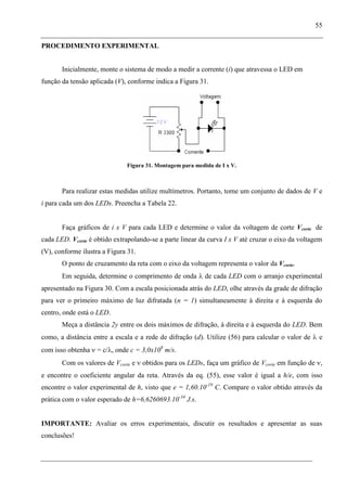 55
PROCEDIMENTO EXPERIMENTAL
Inicialmente, monte o sistema de modo a medir a corrente (i) que atravessa o LED em
função da tensão aplicada (V), conforme indica a Figura 31.
Figura 31. Montagem para medida de I x V.
Para realizar estas medidas utilize multímetros. Portanto, tome um conjunto de dados de V e
i para cada um dos LEDs. Preencha a Tabela 22.
Faça gráficos de i x V para cada LED e determine o valor da voltagem de corte Vcorte de
cada LED. Vcorte é obtido extrapolando-se a parte linear da curva I x V até cruzar o eixo da voltagem
(V), conforme ilustra a Figura 31.
O ponto de cruzamento da reta com o eixo da voltagem representa o valor da Vcorte.
Em seguida, determine o comprimento de onda de cada LED com o arranjo experimental
apresentado na Figura 30. Com a escala posicionada atrás do LED, olhe através da grade de difração
para ver o primeiro máximo de luz difratada (n = 1) simultaneamente à direita e à esquerda do
centro, onde está o LED.
Meça a distância 2y entre os dois máximos de difração, à direita e à esquerda do LED. Bem
como, a distância entre a escala e a rede de difração (d). Utilize (56) para calcular o valor de e
com isso obtenha = c/ , onde c = 3,0x108
m/s.
Com os valores de Vcorte e obtidos para os LEDs, faça um gráfico de Vcorte em função de ,
e encontre o coeficiente angular da reta. Através da eq. (55), esse valor é igual a h/e, com isso
encontre o valor experimental de h, visto que e = 1,60.10-19
C. Compare o valor obtido através da
prática com o valor esperado de h=6,6260693.10-34
J.s.
IMPORTANTE: Avaliar os erros experimentais, discutir os resultados e apresentar as suas
conclusões!
 