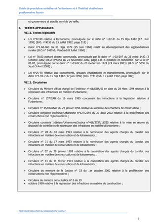 Guide de procédures relatives à l’urbanisme et à l’habitat destiné aux
gestionnaires locaux


         et gouverneurs et auxdits comités de veille.

I.   TEXTES APPLICABLES
     VII.1. Textes législatifs

        Loi n°12-90 relative à l’urbanisme, promulguée par le dahir n° 1-92-31 du 15 Hija 1412 (17 Juin
         1992) (B.O. n°4159 du 15 juillet 1992, page 313) ;
        Dahir n°1-60-063 du 30 Hijja 1379 (25 Juin 1960) relatif au développement des agglomérations
         rurales (B.O.n° 2489 du Vendredi 8 Juillet 1960) ;

        Loi n° 78.00 portant charte communale, promulguée par le dahir n° 1-02-297 du 25 rejeb 1423 (3
         Octobre 2002) (B.O. n°5058 du 21 novembre 2002, page 1351), modifiée et complétée par la loi n°
         01-03, promulguée par le dahir n° 1-03-82 du 20 moharrem 1424 (24 mars 2003). (B.O. n° 5096 du
         Jeudi 3 Avril 2003) ;

        Loi n°25-90 relative aux lotissements, groupes d’habitations et morcellements, promulguée par le
         dahir n°1-92-7 du 15 hija 1412 (17 juin 1992) (B.O. n°4159 du 15 juillet 1992, page 307);

     VII.2. Circulaires

        Circulaire du Ministre d'Etat chargé de l'Intérieur n° 61/DUA/SJ en date du 28 Mars 1994 relative à la
         répression des infractions en matière d’urbanisme ;

        Circulaire n° 157/CAB du 16 mars 1995 concernant les infractions à la législation relative à
         l’urbanisme ;

        Circulaire n° 45/DGUAAT du 22 janvier 1996 relative au contrôle des chantiers de construction ;
        Circulaire conjointe Intérieur/Urbanisme n°127/2259 du 27 août 2002 relative à la prolifération des
         constructions non réglementaires ;

        Circulaire conjointe Intérieur/Urbanisme/Justice n°468/2757/11525 relative à la mise en œuvre du
         dispositif de contrôle et de répression des infractions en matière d’urbanisme ;

        Circulaire n° 28 du 10 mars 1993 relative à la nomination des agents chargés du constat des
         infractions en matière de construction et de lotissements ;

        Circulaire n° 31 du 17 mars 1993 relative à la nomination des agents chargés du constat des
         infractions en matière de construction et de lotissements ;

        Circulaire n° 07 du 29 janvier 1993 relative à la nomination des agents chargés du constat des
         infractions en matière de construction et de lotissements ;

        Circulaire n° 14 du 11 février 1993 relative à la nomination des agents chargés du constat des
         infractions en matière de construction et de lotissements ;

        Circulaire du ministre de la Justice n° 33 du 1er octobre 2002 relative à la prolifération des
         constructions non réglementaires ;

        Circulaire du ministre de la Justice n° 6 du 29
        octobre 1999 relative à la répression des infractions en matière de construction ;




PROCEDURES RELATIVES AU DOMAINE DE L’HABITAT


                                                                                                     9
 