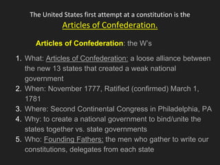 The United States first attempt at a constitution is the
Articles of Confederation.
Articles of Confederation: the W’s
1. What: Articles of Confederation: a loose alliance between
the new 13 states that created a weak national
government
2. When: November 1777, Ratified (confirmed) March 1,
1781
3. Where: Second Continental Congress in Philadelphia, PA
4. Why: to create a national government to bind/unite the
states together vs. state governments
5. Who: Founding Fathers: the men who gather to write our
constitutions, delegates from each state
 