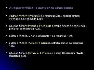 Aunque tambien lo componen otras como: γ Ursae Minoris  ( Pherkad ), de magnitud 3,00, estrella blanca y variable del tipo Delta Scuti δ Ursae Minoris ( Yildun  o  Pherkard ), Estrella blanca de secuencia principal de magnitud 4,35. ε Ursae Minoris, Binaria eclipsante y de magnitud 4,21. ζ Ursae Minoris ( Alifa al Farkadain ), estrella blanca de magnitud 4,32. η Ursae Minoris ( Anwar al Farkadain ), enana blanco-amarilla de magnitud 4,95. 