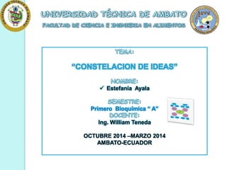  Estefanía Ayala
Primero Bioquímica “ A”
Ing. William Teneda
OCTUBRE 2014 –MARZO 2014
AMBATO-ECUADOR
 