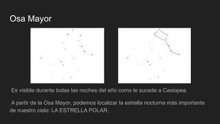 Osa Mayor
Es visible durante todas las noches del año como le sucede a Casiopea.
A partir de la Osa Mayor, podemos localizar la estrella nocturna más importante
de nuestro cielo: LA ESTRELLA POLAR.
 