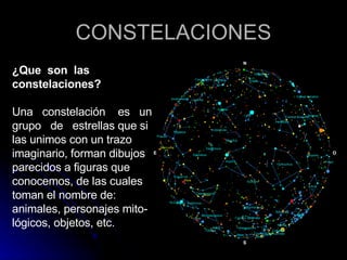 CONSTELACIONES ¿Que  son  las  constelaciones? Una  constelación  es  un  grupo  de  estrellas que si las unimos con un trazo  imaginario, forman dibujos  parecidos a figuras que  conocemos, de las cuales toman el nombre de: animales, personajes mito- lógicos, objetos, etc. 