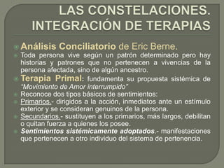 LAS CONSTELACIONES. INTEGRACIÓN DE TERAPIASAnálisis Conciliatorio de Eric Berne. Toda persona vive según un patrón determinado pero hay historias y patrones que no pertenecen a vivencias de la persona afectada, sino de algún ancestro.Terapia Primal: fundamenta su propuesta sistémica de “Movimiento de Amor interrumpido” Reconocedos tipos básicos de sentimientos:  Primarios.- dirigidos a la acción, inmediatos ante un estímulo exterior y se consideran genuinos de la persona.Secundarios.- sustituyen a los primarios, más largos, debilitan o quitan fuerza a quienes los posee. Sentimientos sistémicamente adoptados.- manifestaciones que pertenecen a otro individuo del sistema de pertenencia.