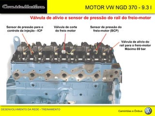 MOTOR VW NGD 370 - 9.3 l 
DESENVOLVIMENTO DA REDE - TREINAMENTO Caminhões e Ônibus 
Sensor de pressão do freio-motor (BCP) 
Válvula de corte do freio motor 
Válvula de alívio e sensor de pressão do rail do freio-motor 
Válvula de alívio do rail para o freio-motor 
Máximo 69 bar 
Sensor de pressão para o controle da injeção - ICP 