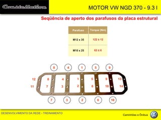 MOTOR VW NGD 370 - 9.3 l 
DESENVOLVIMENTO DA REDE - TREINAMENTO Caminhões e Ônibus 
Seqüência de aperto dos parafusos da placa estrutural 
1 
2 
4 
3 
5 
6 
9 
10 
13 
14 
8 
7 
12 
11 
8 
4 
1 
5 
9 
7 
3 
2 
6 
10 
Parafuso 
Torque (Nm) 
M12 x 35 
M10 x 25 
122 ± 12 
63 ± 6  