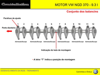 MOTOR VW NGD 370 - 9.3 l 
DESENVOLVIMENTO DA REDE - TREINAMENTO Caminhões e Ônibus 
Indicação do lado de montagem 
• A letra “T” indica a posição de montagem 
Conjunto dos balancins 
1 
2 
3 
4 
5 
6 
7 
8 
9 
10 
11 
12 
Parafuso de ajuste 
Parte dianteira 
Admissão/Escape 
Admissão/Escape 
Admissão/Escape 
Admissão/Escape 
Admissão/Escape 
Admissão/Escape  