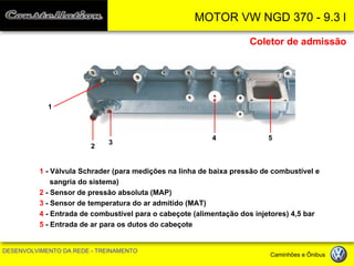 MOTOR VW NGD 370 - 9.3 l 
DESENVOLVIMENTO DA REDE - TREINAMENTO Caminhões e Ônibus 
Coletor de admissão 
1 - Válvula Schrader (para medições na linha de baixa pressão de combustível e sangria do sistema) 
2 - Sensor de pressão absoluta (MAP) 
3 - Sensor de temperatura do ar admitido (MAT) 
4 - Entrada de combustível para o cabeçote (alimentação dos injetores) 4,5 bar 
5 - Entrada de ar para os dutos do cabeçote 
2 
3 
4 
5 
1  