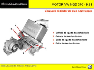MOTOR VW NGD 370 - 9.3 l 
DESENVOLVIMENTO DA REDE - TREINAMENTO Caminhões e Ônibus 
1 - Entrada do líquido de arrefecimento 
2 - Entrada de óleo lubrificante 
3 - Saída do líquido de arrefecimento 
4 - Saída de óleo lubrificante 
Conjunto radiador de óleo lubrificante 
1 
3 
4 
2  