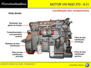 MOTOR VW NGD 370 - 9.3 l 
DESENVOLVIMENTO DA REDE - TREINAMENTO Caminhões e Ônibus 
Localização dos componentes 
Vista direita 
Radiador de óleo lubrificante 
Filtro de óleo lubrificante - químico 
Filtro de óleo lubrificante - centrífugo 
Filtro de óleo lubrificante - 
principal 
Turboalimentador com geometria variável 
Resfriador dos gases de escape  