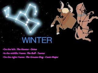 • Orion
•Onthe left: TheHunter-Orion
•Inthe middle: Name:TheBull-Taurus
•Onthe right: Name: TheGreaterDog-CanisMajor
 