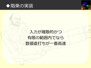 ◆階乗の実装

入⼒が離散的かつ
有限の範囲内でなら
数値直打ちが一番高速

 