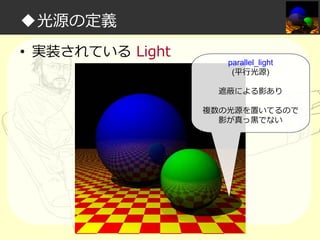 ◆光源の定義
• 実装されている Light

parallel_light
(平⾏光源)
遮蔽による影あり
複数の光源を置いてるので
影が真っ⿊でない

 