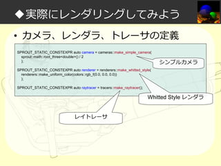 ◆実際にレンダリングしてみよう
• カメラ、レンダラ、トレーサの定義
SPROUT_STATIC_CONSTEXPR auto camera = cameras::make_simple_camera(
sprout::math::root_three<double>() / 2
);

シンプルカメラ

SPROUT_STATIC_CONSTEXPR auto renderer = renderers::make_whitted_style(
renderers::make_uniform_color(colors::rgb_f(0.0, 0.0, 0.0))
);
SPROUT_STATIC_CONSTEXPR auto raytracer = tracers::make_raytracer();

Whitted Style レンダラ
レイトレーサ

 