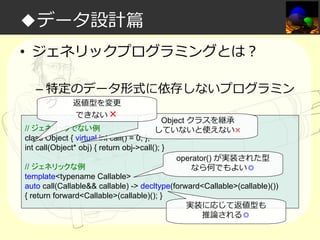 ◆データ設計篇
• ジェネリックプログラミングとは？
– 特定のデータ形式に依存しないプログラミン
グ 返値型を変更
できない×

Object クラスを継承
していないと使えない×

// ジェネリックでない例
class Object { virtual int call() = 0; };
int call(Object* obj) { return obj->call(); }

operator() が実装された型
なら何でもよい◎

// ジェネリックな例
template<typename Callable>
auto call(Callable&& callable) -> decltype(forward<Callable>(callable)())
{ return forward<Callable>(callable)(); }
実装に応じて返値型も
推論される◎

 