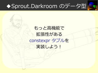 ◆Sprout.Darkroom のデータ型

もっと高機能で
拡張性がある
constexpr タプルを
実装しよう！

 