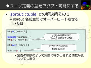 ◆ユーザ定義の型をアダプト可能にする
• sprout::tuple での解決策その１

– sprout 名前空間でオーバーロードさせる
• 駄目

int f(int) { return 0; }
template<typename T>
int g(T t) { return f(t); }
int f(long) { return 1; }
auto x = g(1l);

g (T) の定義時点で
f (long) は⾒えていない
呼び出されるのは
f (int) のほう

• 定義の順序によって実際に呼び出される関数が変
わってしまう

 