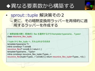 ◆異なる要素数から構築する
• sprout::tuple 解決策その２

– 更に、その暗黙変換⽤ラッパーを再帰的に適
⽤するラッパーを作成する

// 暗黙変換の際に 再帰的に flex を適用するクラスtemplate<typename... Types>
class resursive_flex_tuple;
// tuple から flex_tuple へ、それ以外はそのまま
template<typename T>
inline constexpr T const&
recursive_flex(T const& t) { return t; }
template<typename... Types>
inline constexpr recursive_flex_tuple<Types...>
recursive_flex(tuple<Types...> const& t) { return resursive_flex_tuple<Types...>(t); }

 