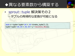 ◆異なる要素数から構築する
• sprout::tuple 解決策その２

– タプルの再帰的な変換が可能になる

auto x = tuple< tuple< int >, int >(make_tuple(1), 2);
tuple< tuple< int, int >, int, int > y = recursive_flex(x);

 