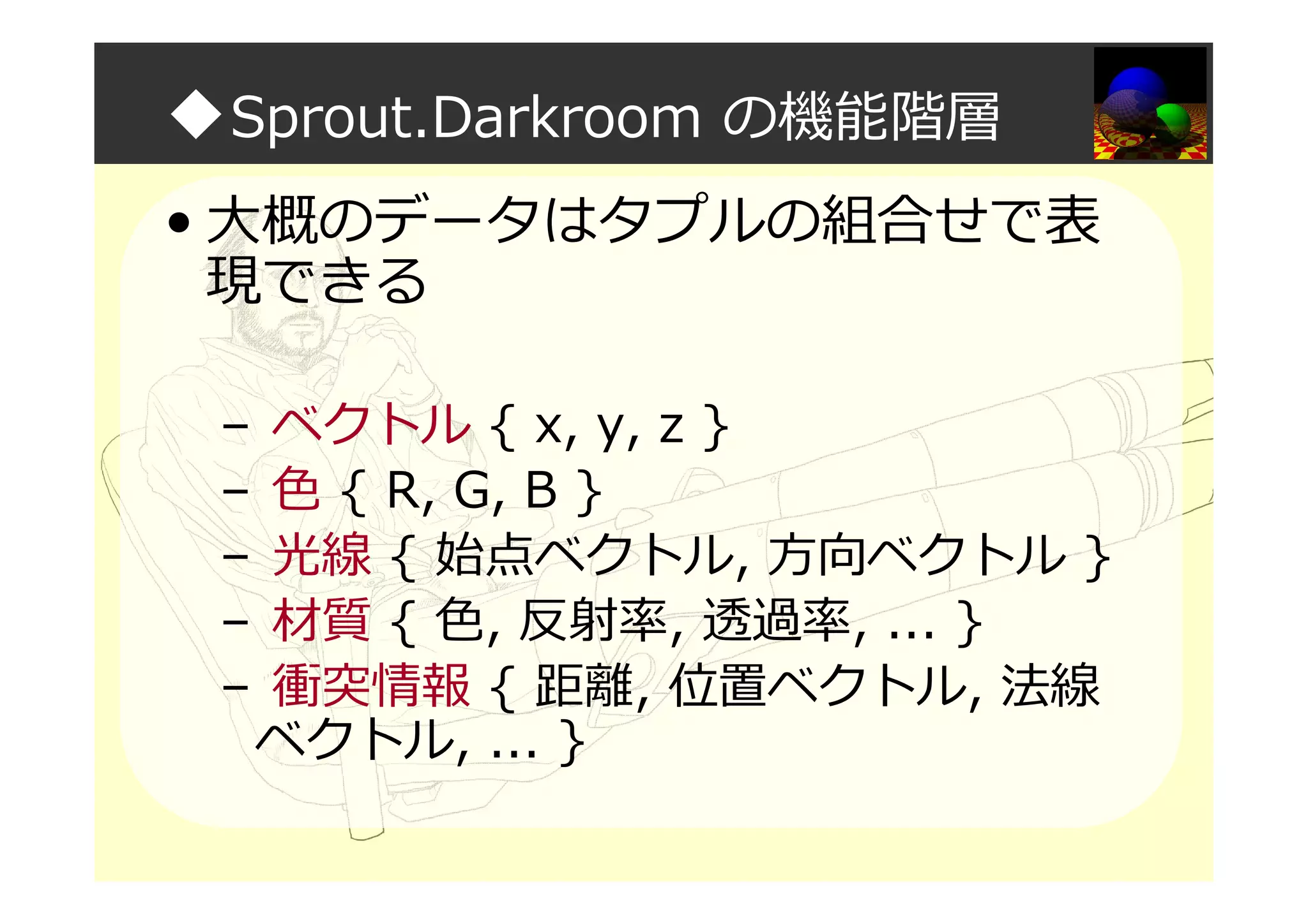 ◆Sprout.Darkroom の機能階層
• 大概のデータはタプルの組合せで表
現できる
– ベクトル { x, y, z }
– 色 { R, G, B }
– 光線 { 始点ベクトル, 方向ベクトル }
– 材質 { 色, 反射率, 透過率, ... }
– 衝突情報 { 距離, 位置ベクトル, 法線
ベクトル, ... }
 