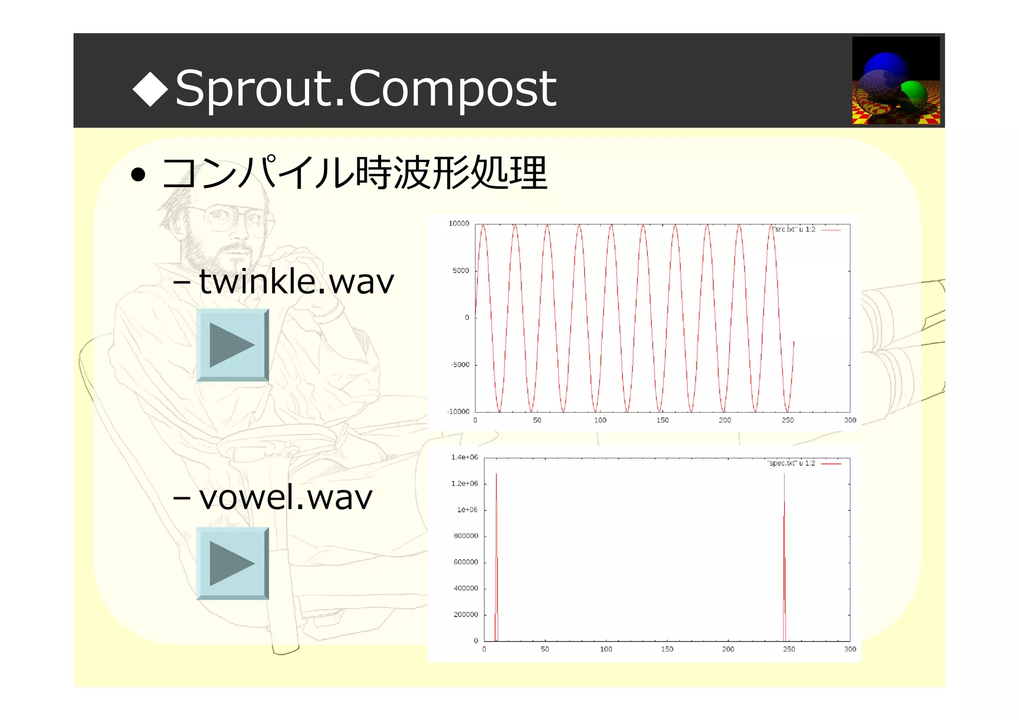 ◆Sprout.Compost
• コンパイル時波形処理
– twinkle.wav
– vowel.wav
 