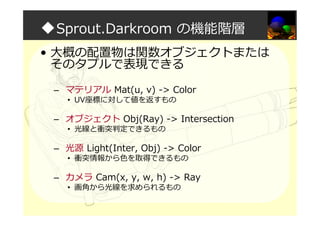 ◆Sprout.Darkroom の機能階層
• 大概の配置物は関数オブジェクトまたは
そのタプルで表現できる
– マテリアル Mat(u, v) -> Color
• UV座標に対して値を返すもの
– オブジェクト Obj(Ray) -> Intersection
• 光線と衝突判定できるもの
– 光源 Light(Inter, Obj) -> Color
• 衝突情報から色を取得できるもの
– カメラ Cam(x, y, w, h) -> Ray
• 画角から光線を求められるもの
 