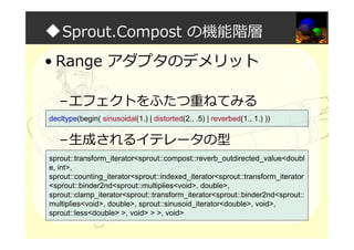 ◆Sprout.Compost の機能階層
• Range アダプタのデメリット
–エフェクトをふたつ重ねてみる
–生成されるイテレータの型
decltype(begin( sinusoidal(1.) | distorted(2., .5) | reverbed(1., 1.) ))
sprout::transform_iterator<sprout::compost::reverb_outdirected_value<doubl
e, int>,
sprout::counting_iterator<sprout::indexed_iterator<sprout::transform_iterator
<sprout::binder2nd<sprout::multiplies<void>, double>,
sprout::clamp_iterator<sprout::transform_iterator<sprout::binder2nd<sprout::
multiplies<void>, double>, sprout::sinusoid_iterator<double>, void>,
sprout::less<double> >, void> > >, void>
 